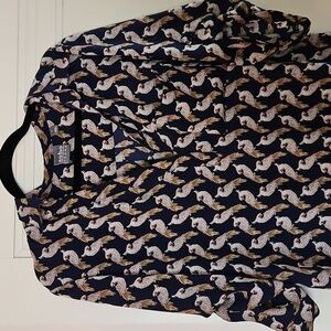 Navy and White Button Up Top, 3/4 Sleeves, Parrot Design, Sz M
